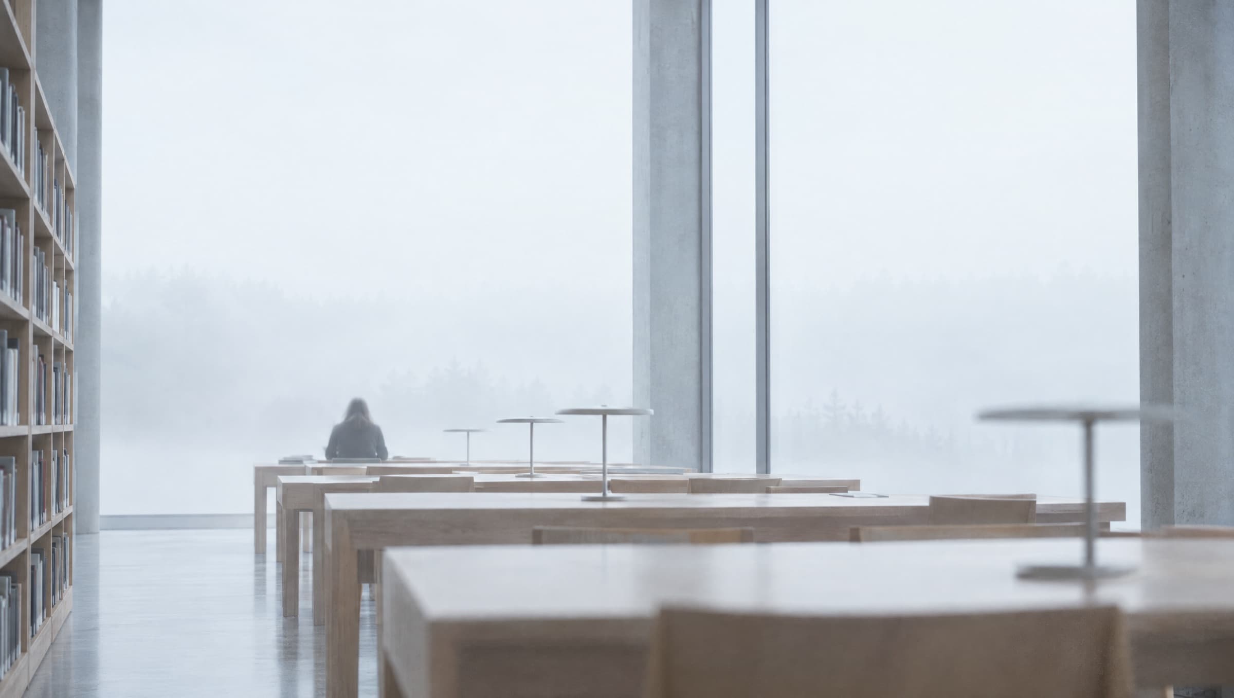 A quiet library reading room with fog-lit windows