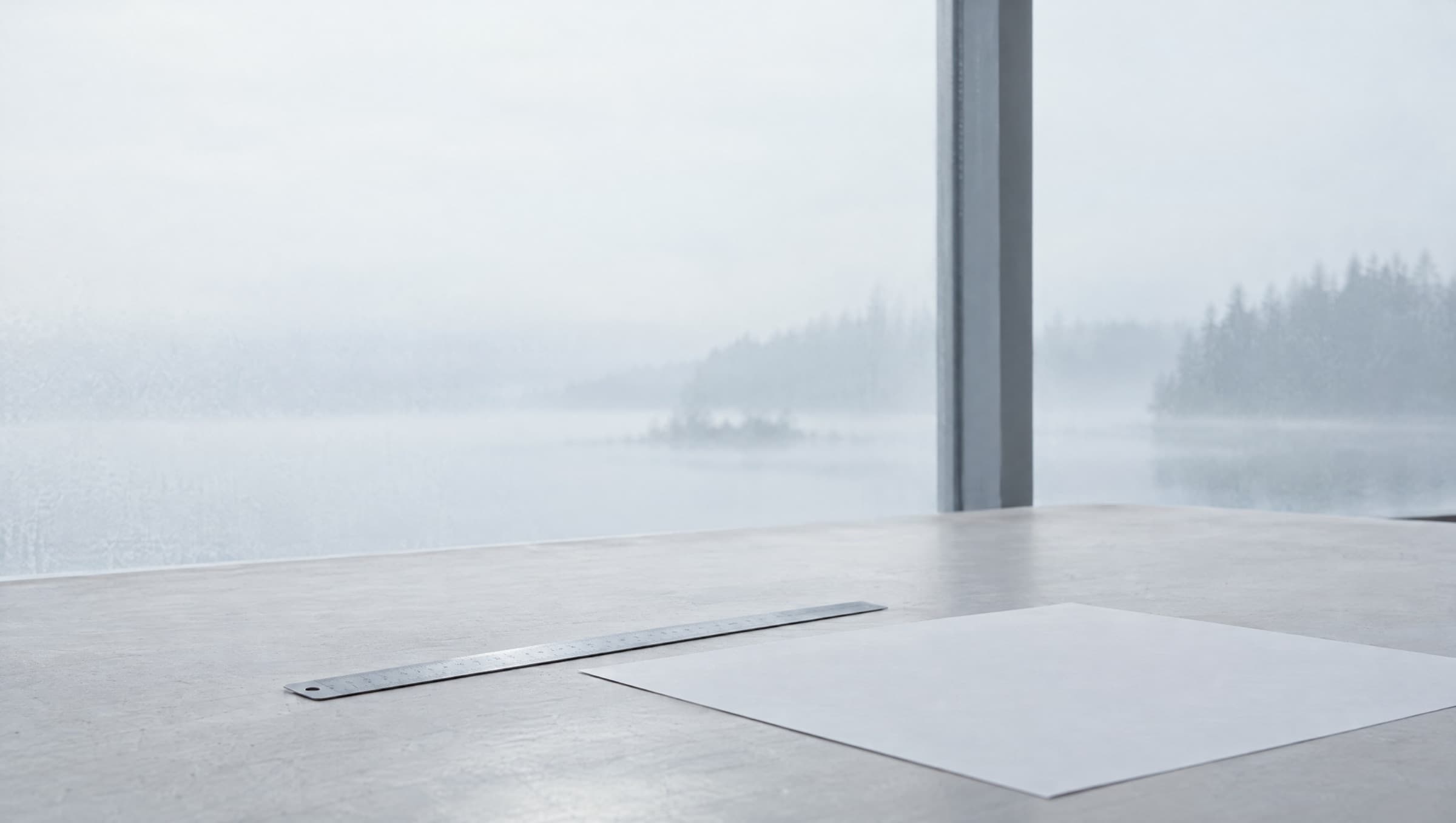 A drafting table with a ruler and a sheet of paper by a frosted window